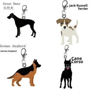 Detailed grid of four dog breed charms including Great Dane and German Shepherd