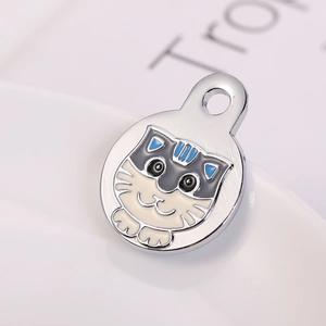 Vue macro détaillée d'un médaillon pour chat en argent avec motif émail coloré