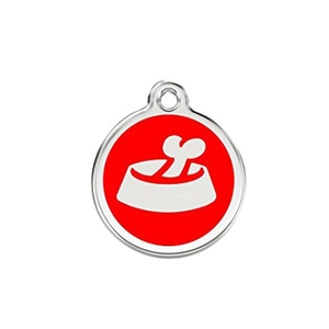 Round stainless steel dog tag with red bone bowl icon and silver frame for collars