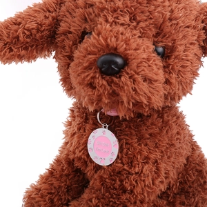 Détail d'une plaque d'identité rose avec gravure amusante sur collier pour chien