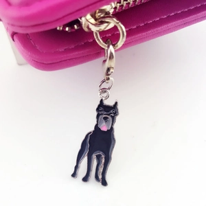 Black Great Dane enamel dog pendant keychain with pink tongue detail on pink leather wallet