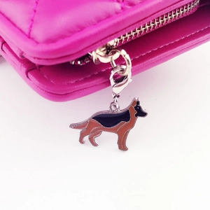 Rose pink quilted leather wallet featuring a detailed German Shepherd dog charm pendant