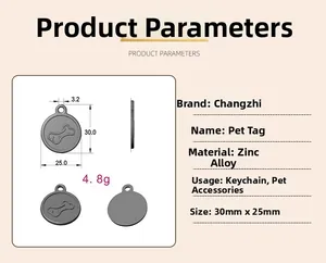 Technical drawing of zinc alloy pet tag showing 30x25mm size and 4.8g weight specs