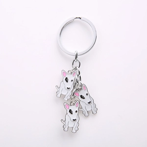Creative metal bulldog keychain with three cute bull terrier enamel pendants and silver ring
