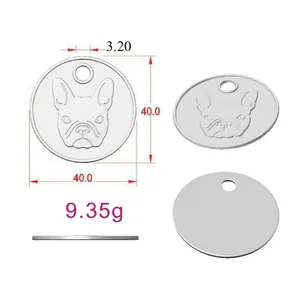 Polished silver metal French Bulldog pet ID tag with multiple perspective views