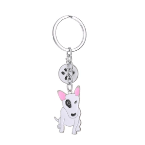 Creative Bull Terrier enamel keychain with black paw charm and silver metal ring
