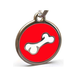 Round red metal pet ID tag with white bone icon and silver rim for dog collar