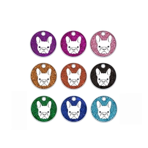 Round Metal Pet ID Tag With French Bulldog Illustration Glitter Background Dog Tag For Small Large Dogs Cats Accessory
