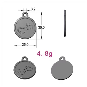 Detailed circular dog bone pet ID tag with technical size dimensions and 4.8g weight