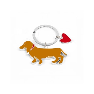 Polished silver dachshund keychain with brown enamel finish and red heart charm