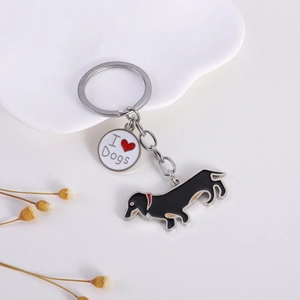 Polished dachshund keychain with black enamel dog charm and I love dogs round metal tag