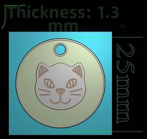 Technical drawing of 25mm round cat tag with 1.3mm thickness on black background