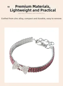 Detail of pink rhinestone pet collar with silver bow charm and zinc alloy lobster clasp