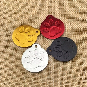 Aluminum alloy bone-shaped pet ID tags with paw prints in four metallic colors
