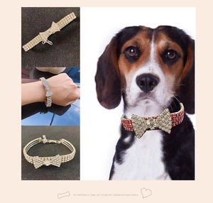 Detail of adjustable pet collar with rhinestone bow and three rows of sparkling crystals