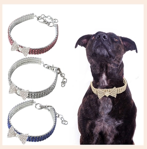 Detail showing pet bow tie collars with rhinestones in four colors and lobster clasp