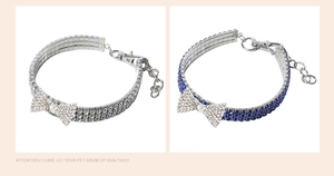 Close-up of three-row rhinestone pet collars with sparkling bowknot and adjustable chain
