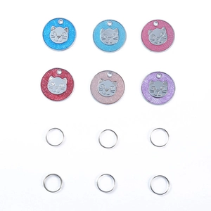 Cat-shaped pet ID tag set with 6 glitter colors and metal rings for cat collars