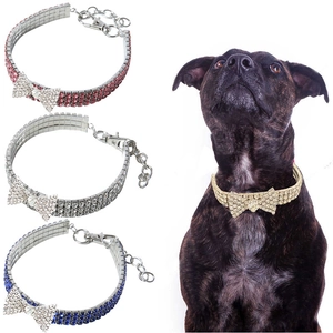 Luxury Rhinestone Pet Collar With Bow Tie Sparkly 3 Row Diamond Zinc Alloy Adjustable Dog Cat Jewelry For Wedding Party