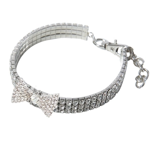 British style silver pet collar with three rows of rhinestones and crystal bow decoration