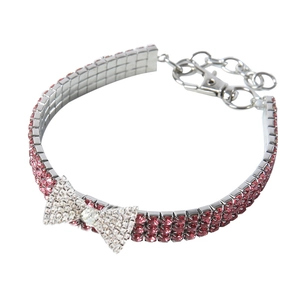Elegant British style pet collar with three rows of pink rhinestones and a bow pendant
