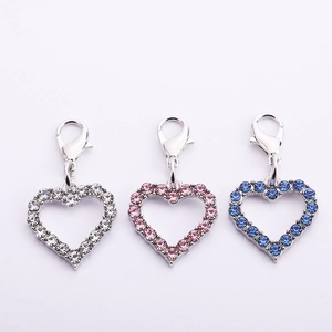 Heart-shaped pet collar pendants with rhinestones in white, pink, and blue crystals