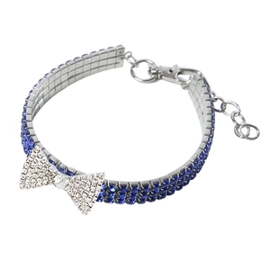 British style pet collar with three rows of navy rhinestones and a sparkling crystal bow
