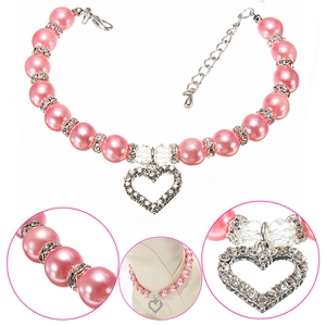 Elegant Pet Artificial Pearl Necklace Heart Rhinestone Pendant Adjustable Imitation Artificial Pearl Collar Jewelry For Cats Dogs Birthday Wedding Party Accessory
