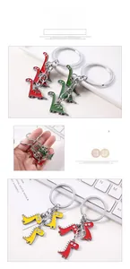 Close-up of colorful cartoon dinosaur keychains in red, green and yellow colors