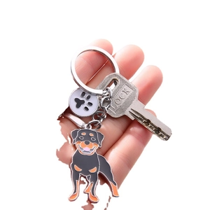 Rottweiler metal keychain with cute cartoon enamel charm and paw print round pendant