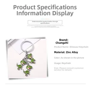 Detail view of cartoon dinosaur string keychain made of vibrant green zinc alloy