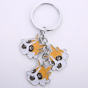 Détail du porte-clés en métal avec trois pendentifs émaillés en forme de chien