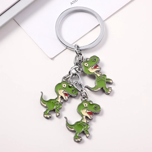 Creative green T-Rex dinosaur keychains with three enamel charms and silver rings