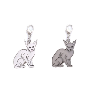 Sphynx cat enamel pendant charms in white and grey with metal lobster clasps for pet collars