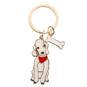 Portachiavi barboncino in metallo dorato con ciondolo a forma di cane bianco e osso