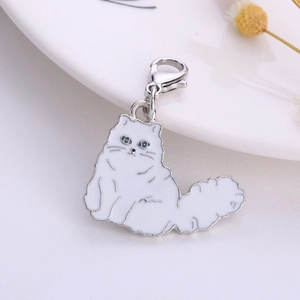 Creative white Persian cat enamel pendant keychain with silver lobster clasp and blue eyes