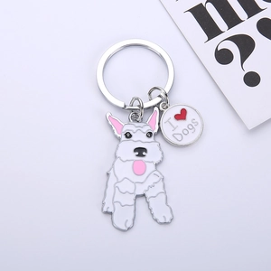 Detail of Schnauzer dog keychain with I Love Dogs tag and polished silver metal ring