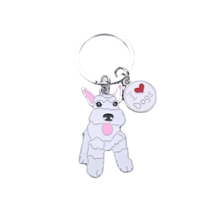 Cartoon Schnauzer metal keychain with I Love Dogs round pendant in white enamel finish