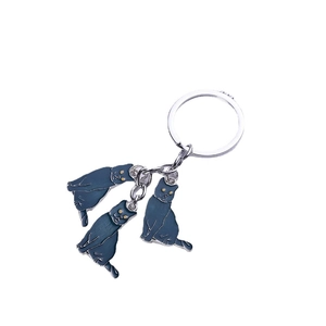 Cat themed keychain with three dark blue enamel charms on a silver metal ring