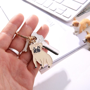 Creative pug dog keychain with enamel bone charm and gold ring for handbag decoration