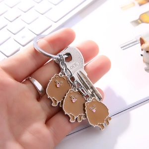 Cute Pomeranian dog metal keychain with three brown enamel pendants for car keys