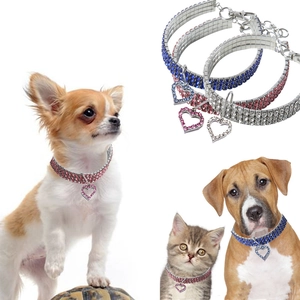 Elastic crystal pet collar with rhinestone heart pendant in blue, pink, and white