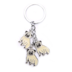 Creative silver Pug dog keychain with three enamel charms for bags and accessories