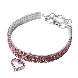 Adjustable silver pet collar with three rows of pink rhinestones and heart pendant