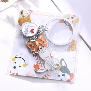 Creative metal dog keychain with Papillon enamel charm and I Heart Dogs pendant detail