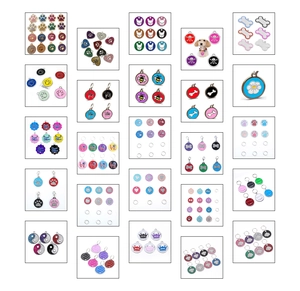 Detailed grid showing zinc alloy pet tags with colorful paw, heart and bone patterns