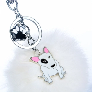 Porte-clés chien Bull Terrier mignon avec pompon blanc et breloque empreinte de patte