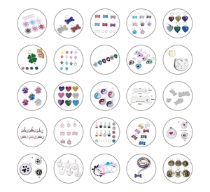 Detailed grid of zinc alloy pet ID tags in bone, heart, and star shapes with colorful enamel