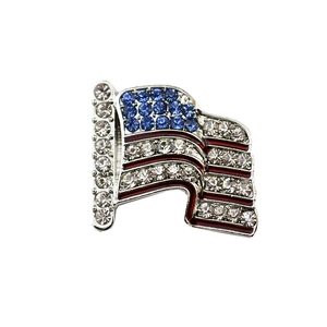 Zinc alloy American flag brooch with sparkling blue and white rhinestones on silver base