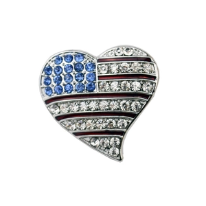 Sparkling American flag heart brooch with blue and white crystals in silver finish